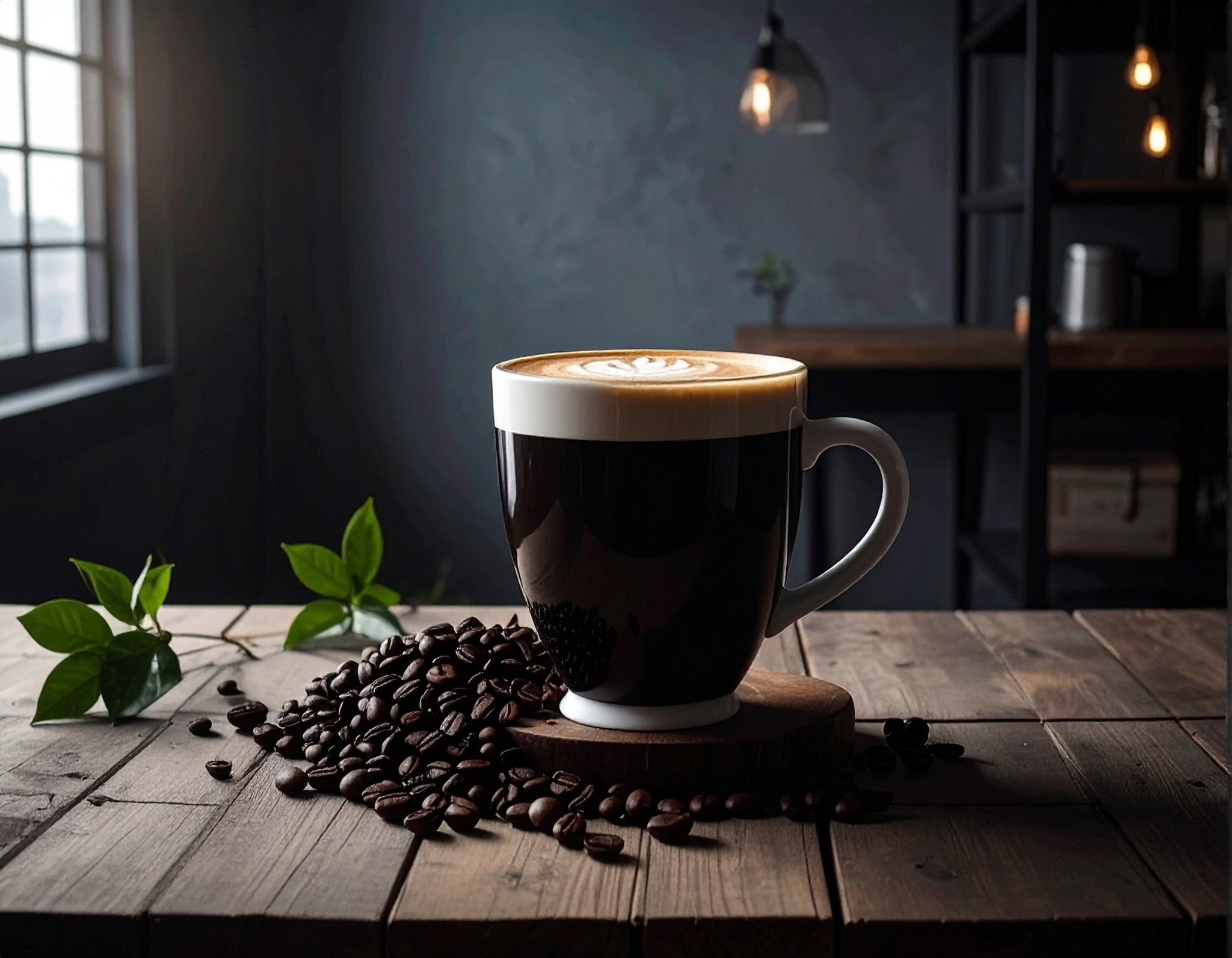 Tasse de cafe Nubia avec grains de cafe torrefies sur une table en bois